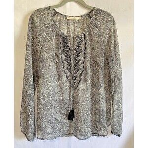 GRACE & MILA Blouse Women’s Size Medium Sheer Long Sleeve Tasseled Top